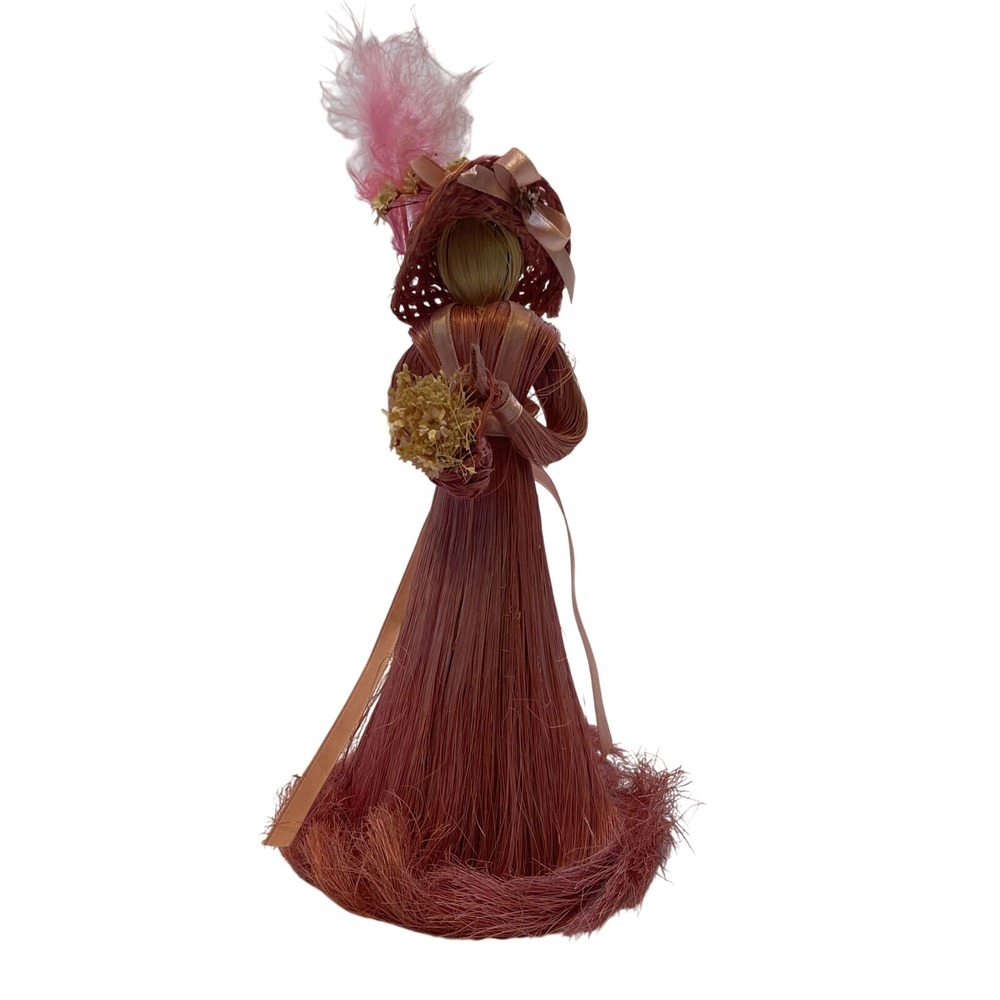 Vintage Straw Doll Figurine Victorian Lady Pink Feather Hat‎ Decorative Decor
